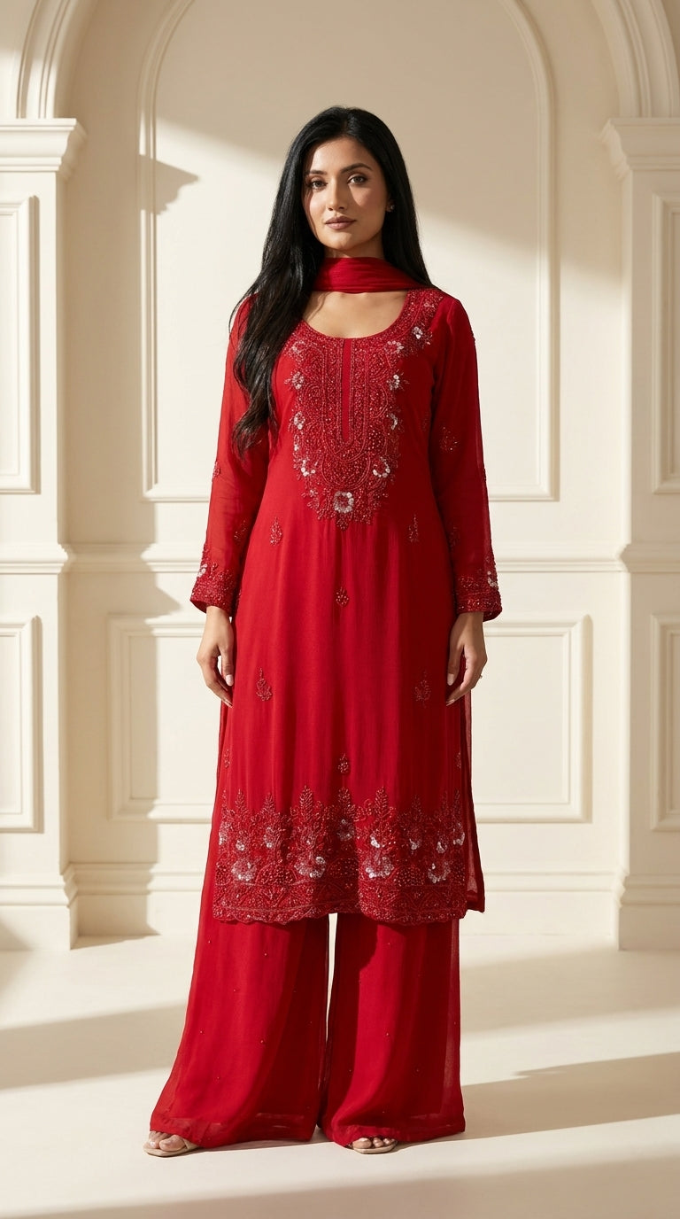 Red Sequin Chinon Palazzo Suit Set