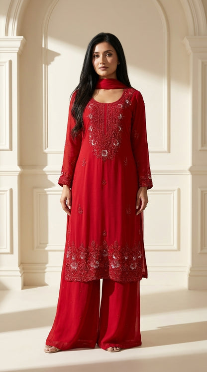 Red Sequin Chinon Palazzo Suit Set