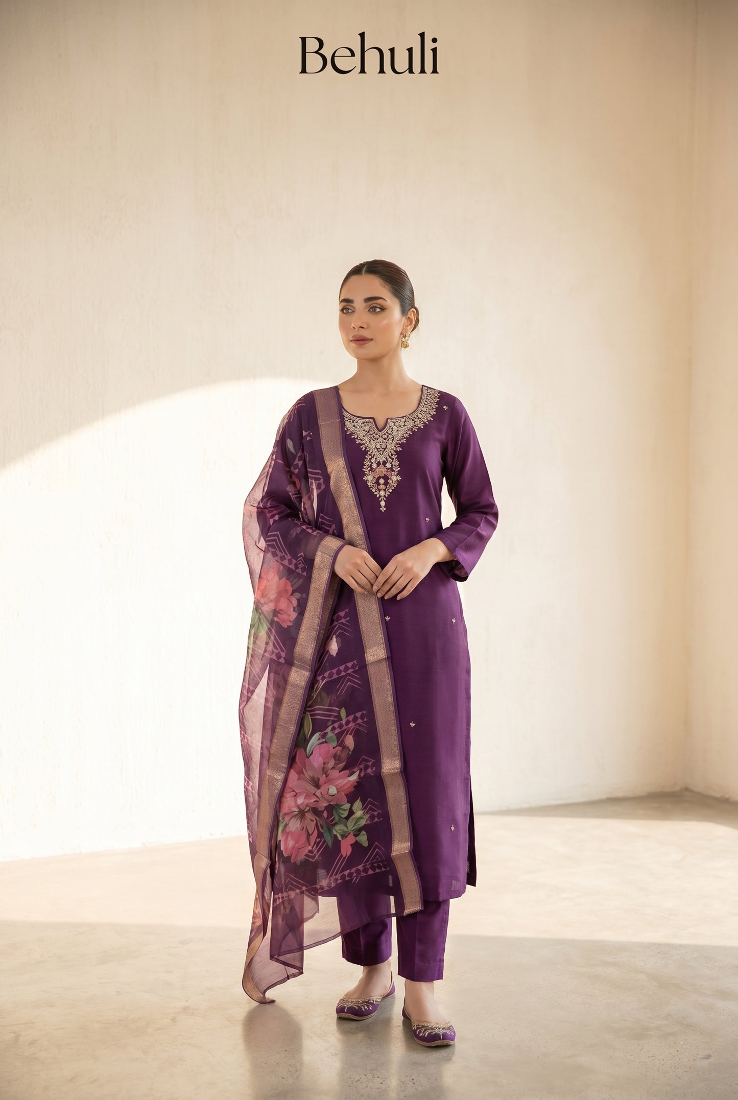 Purple Embroidered Kurti Set with Floral Dupatta
