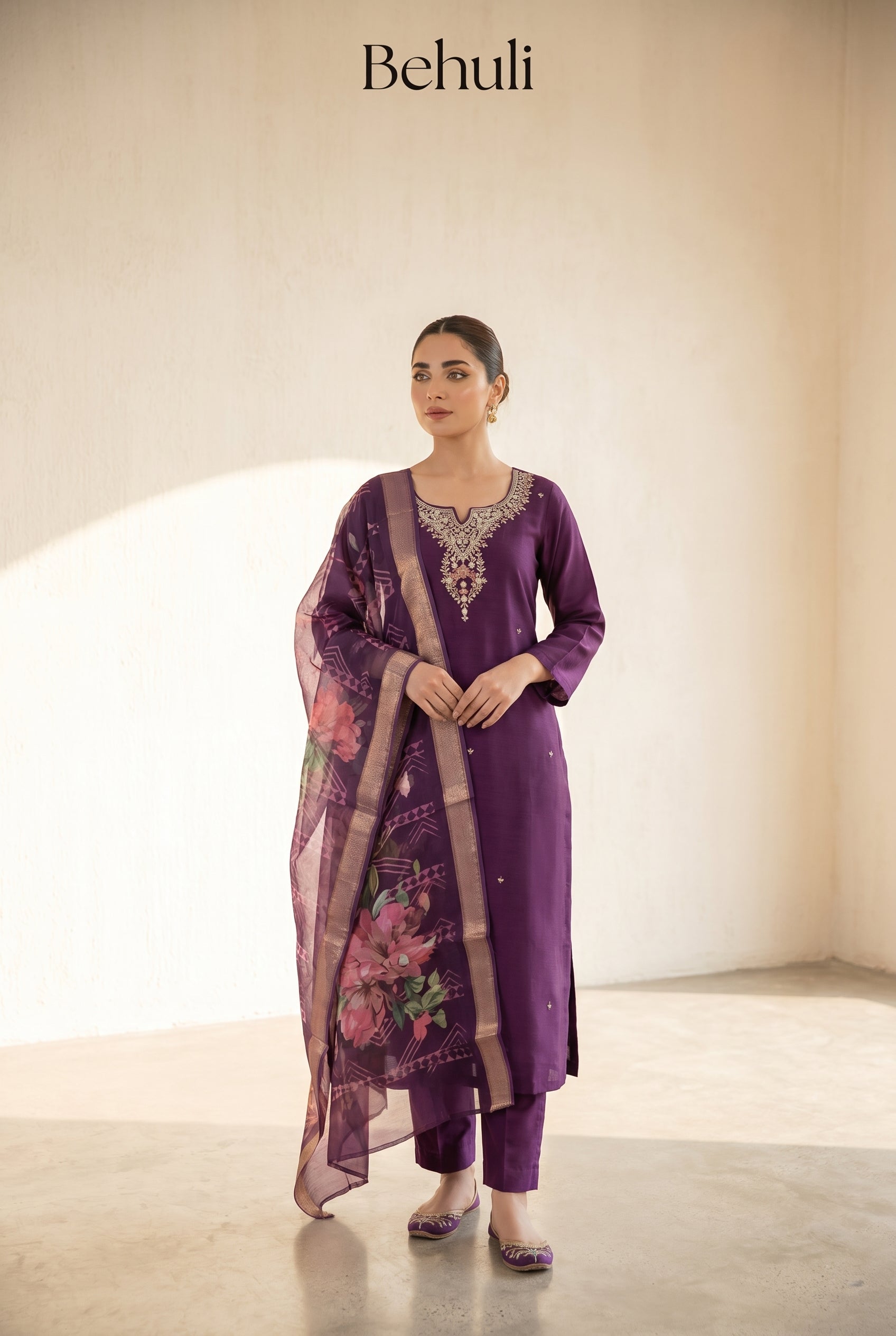 Purple Embroidered Kurti Set with Floral Dupatta