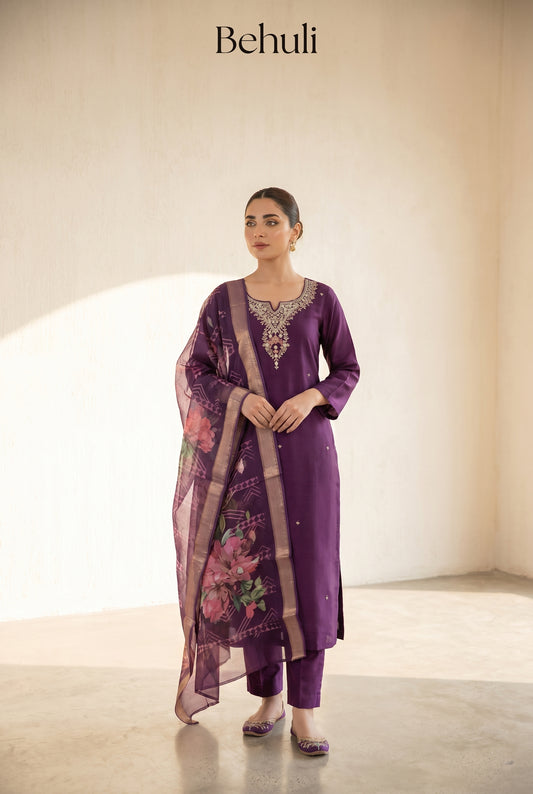 Purple Embroidered Kurti Set with Floral Dupatta