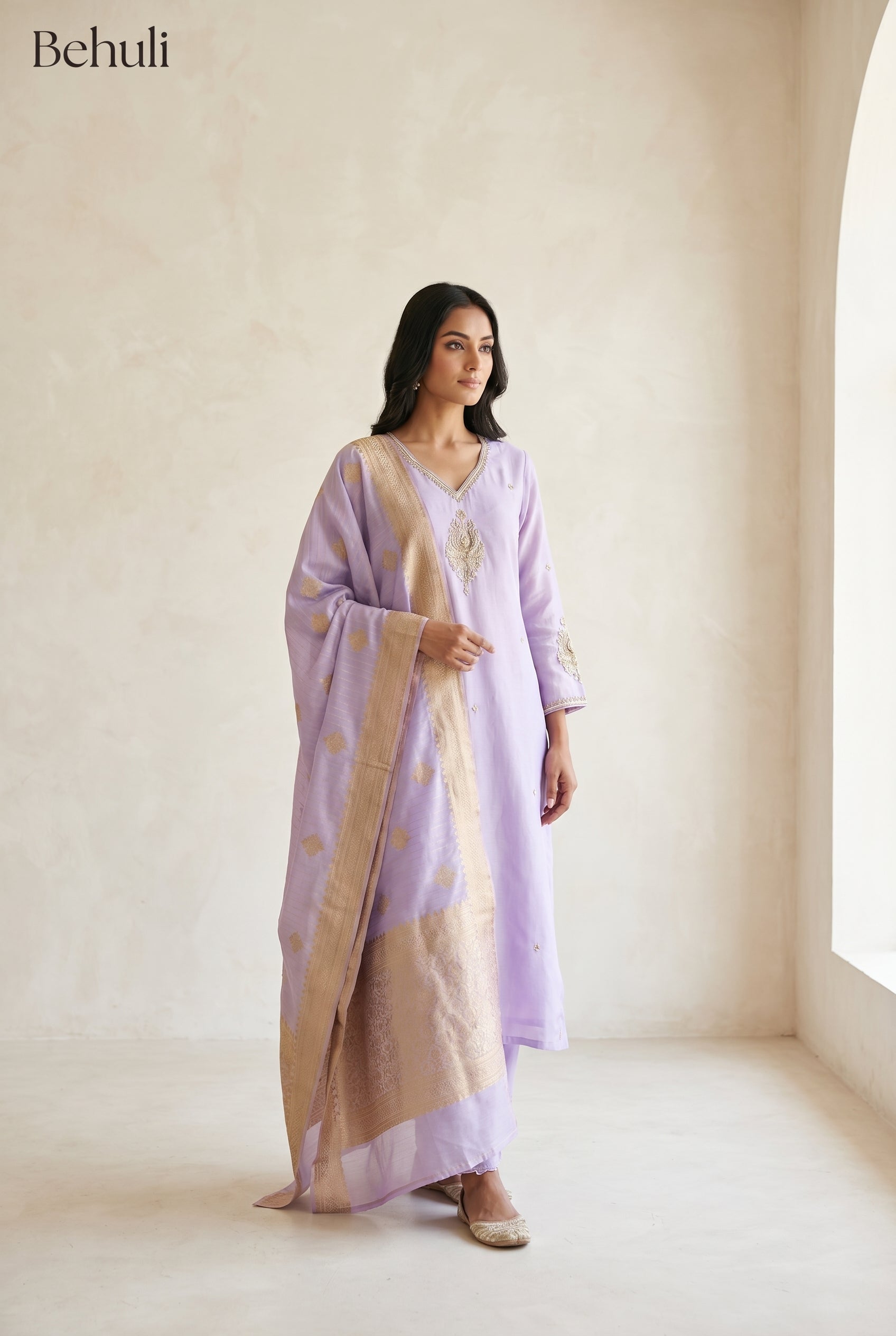 Lavender Silk Kurti Set with Gold Zari Embroidery