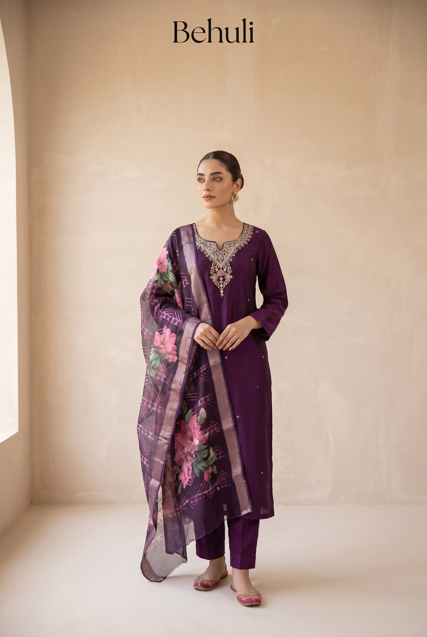 Purple Embroidered Kurti Set with Floral Dupatta