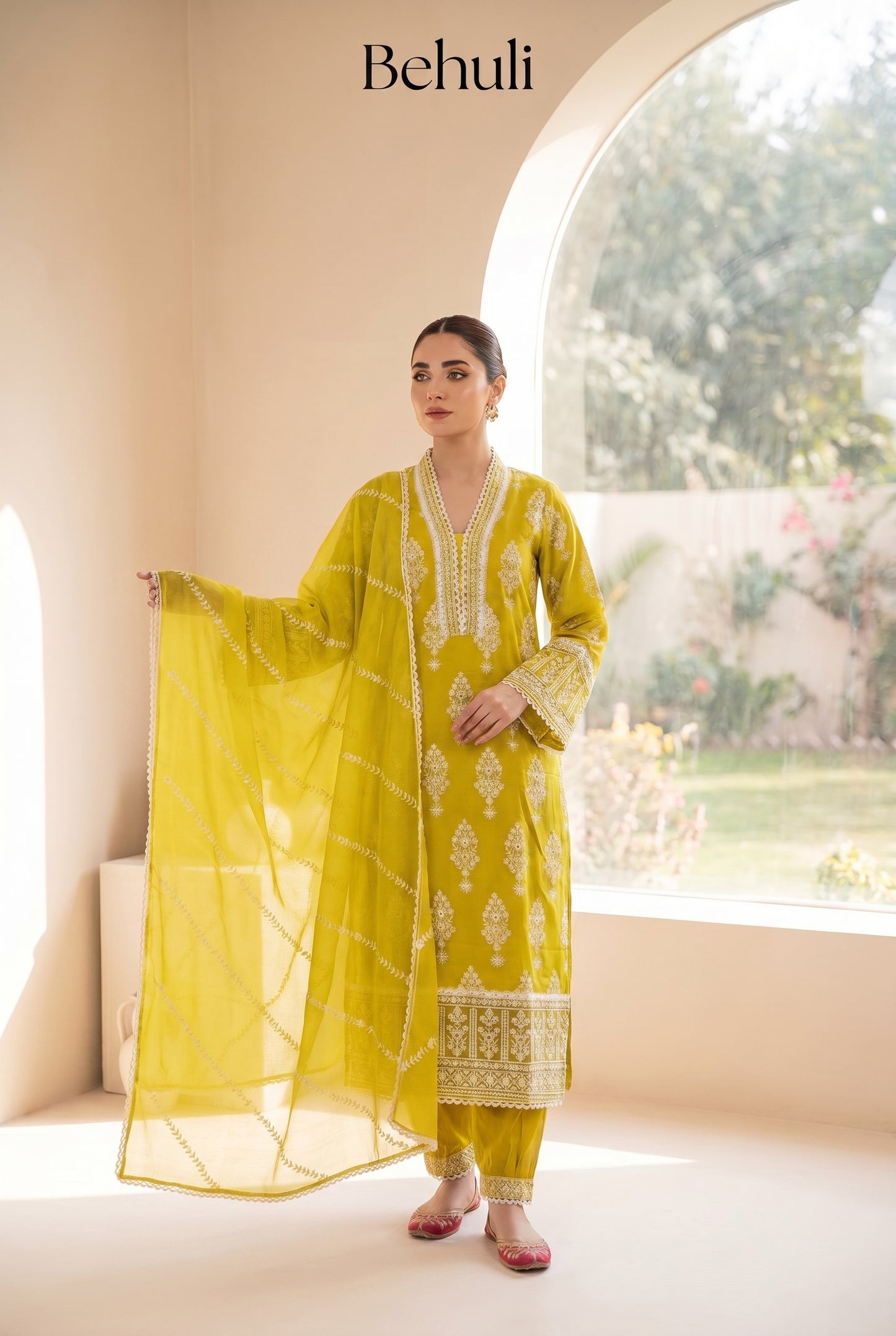 Chartreuse Kurti Set with Embroidered Organza Dupatta