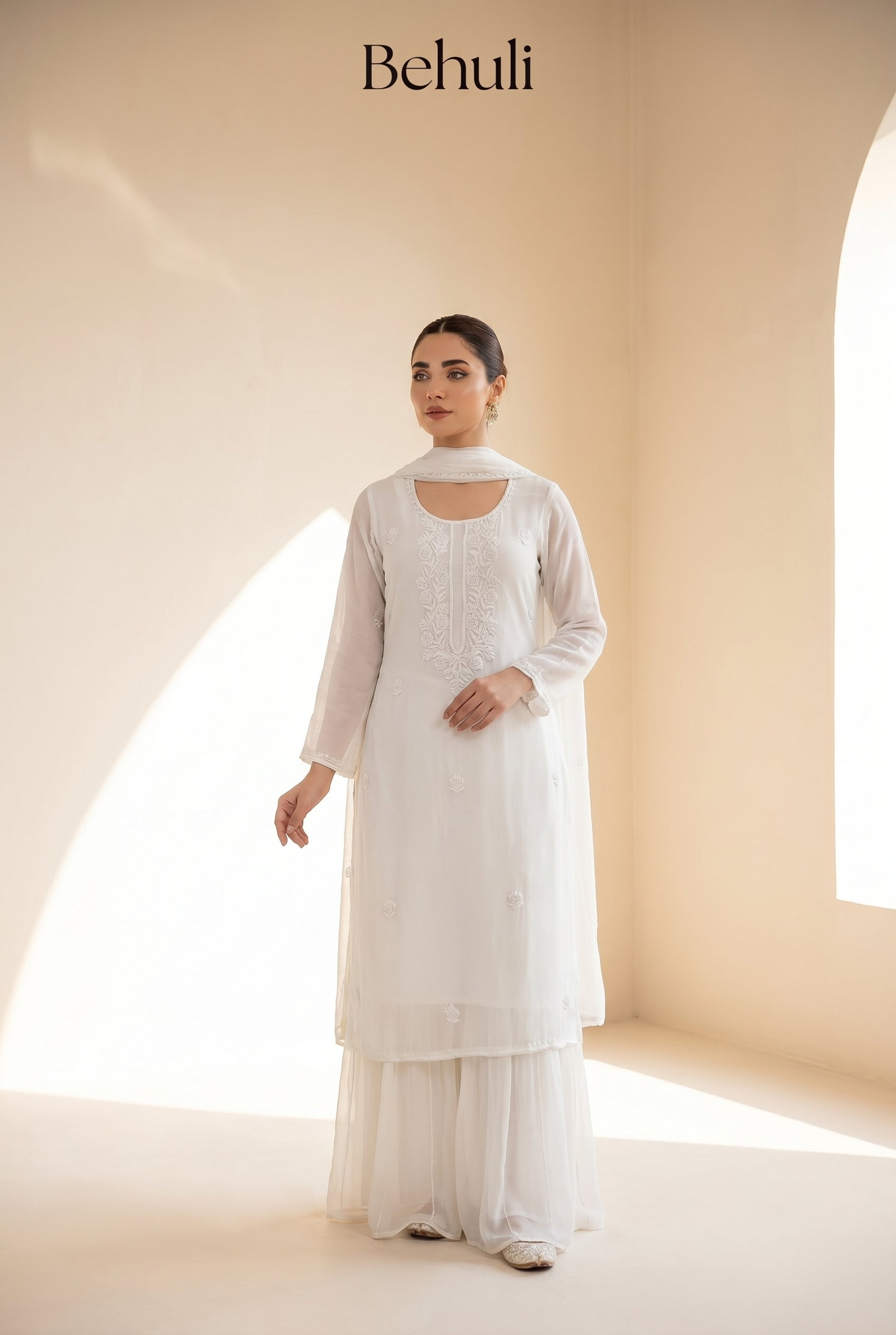White Embroidered Palazzo Suit Set with Cutout Neckline