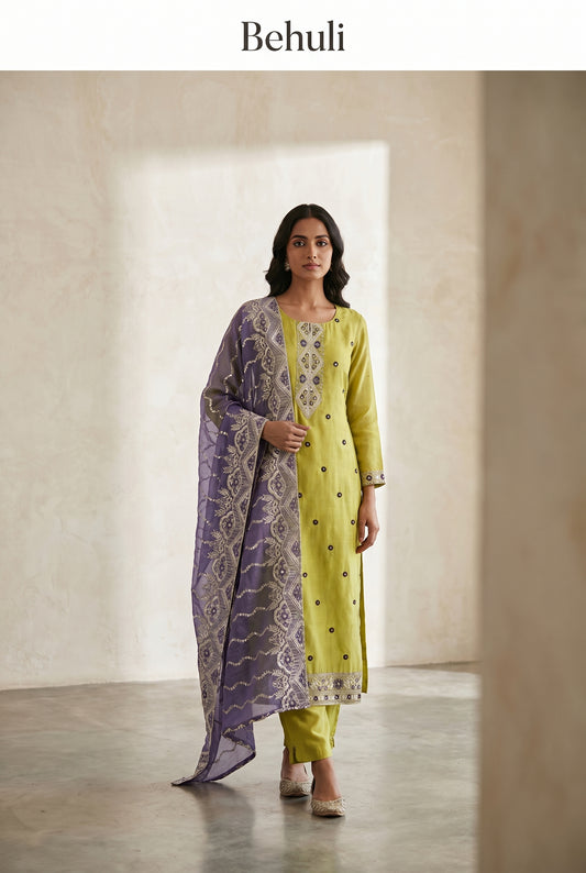 Lime Green Kurti Set with Purple Embroidered Dupatta
