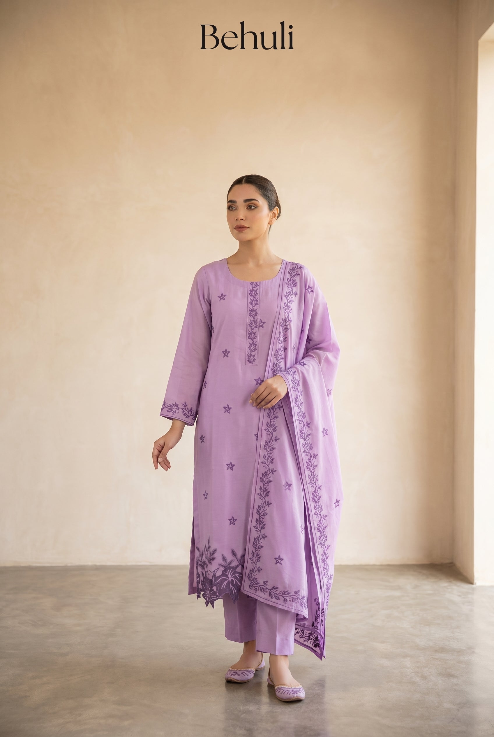 Lavender Embroidered Kurti Set with Floral Chikankari
