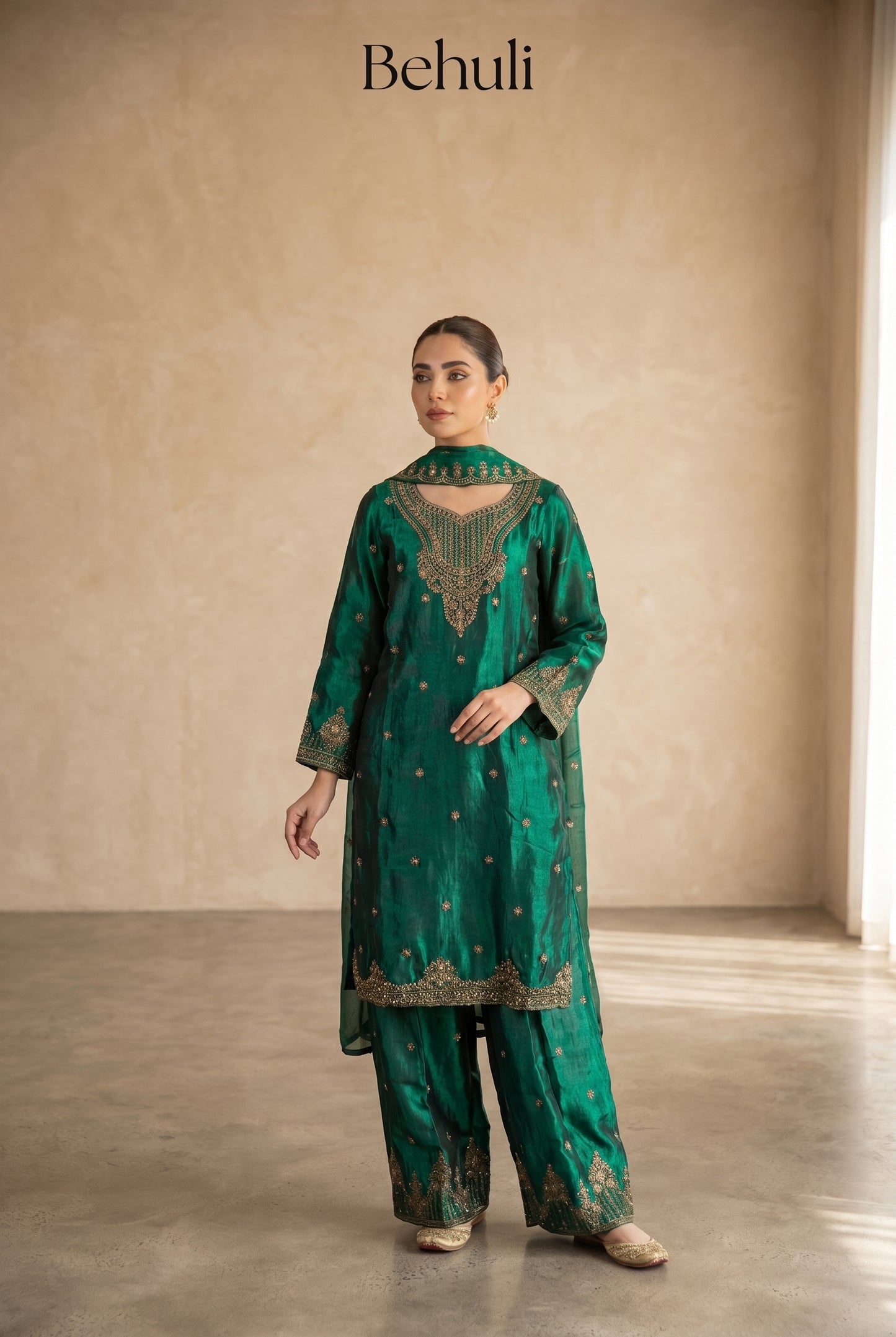 Emerald Green Silk Palazzo Suit Set with Gold Embroidery