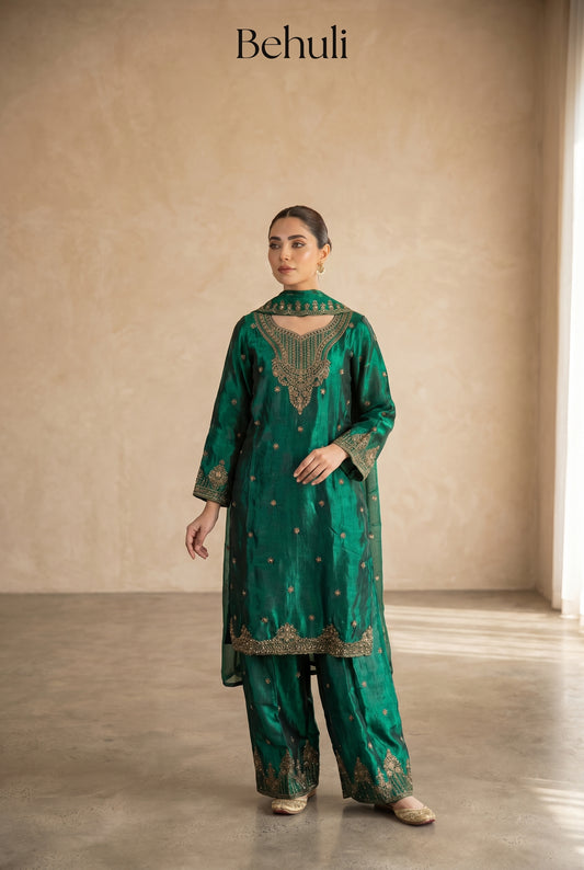 Emerald Green Silk Palazzo Suit Set with Gold Embroidery