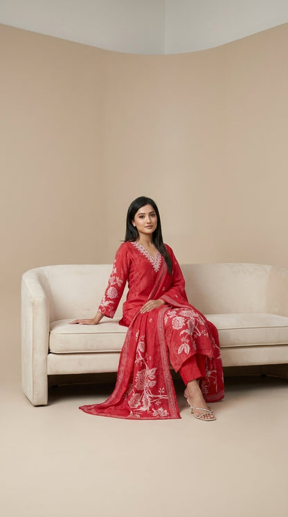 Crimson Muslin Kurti Set with Floral Block Print & Bead Work