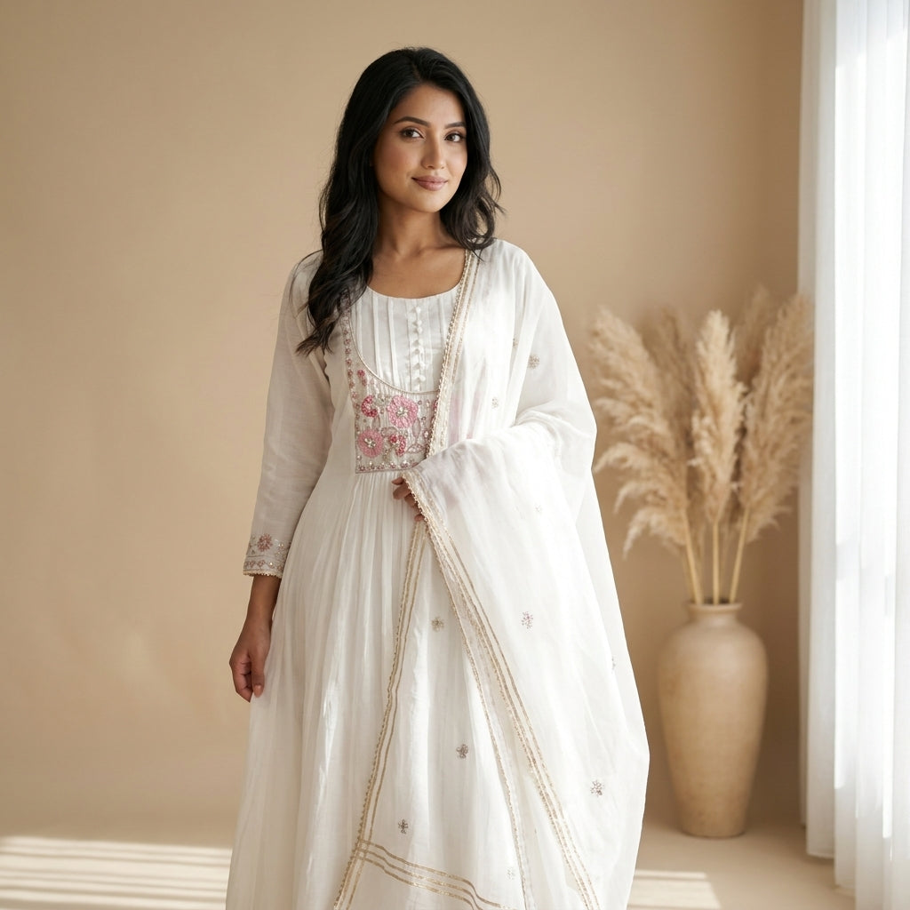 Ivory Resham Cotton Anarkali