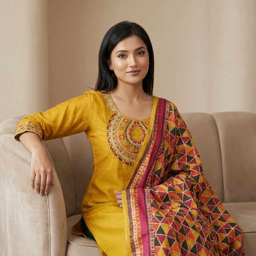 Mustard Silk Kurti Set with Tribal Print Dupatta