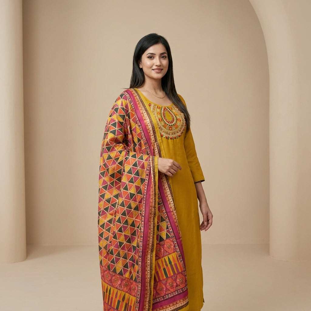 Mustard Silk Kurti Set with Tribal Print Dupatta