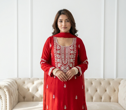 Red Chinon Palazzo Suit Set with Handwork