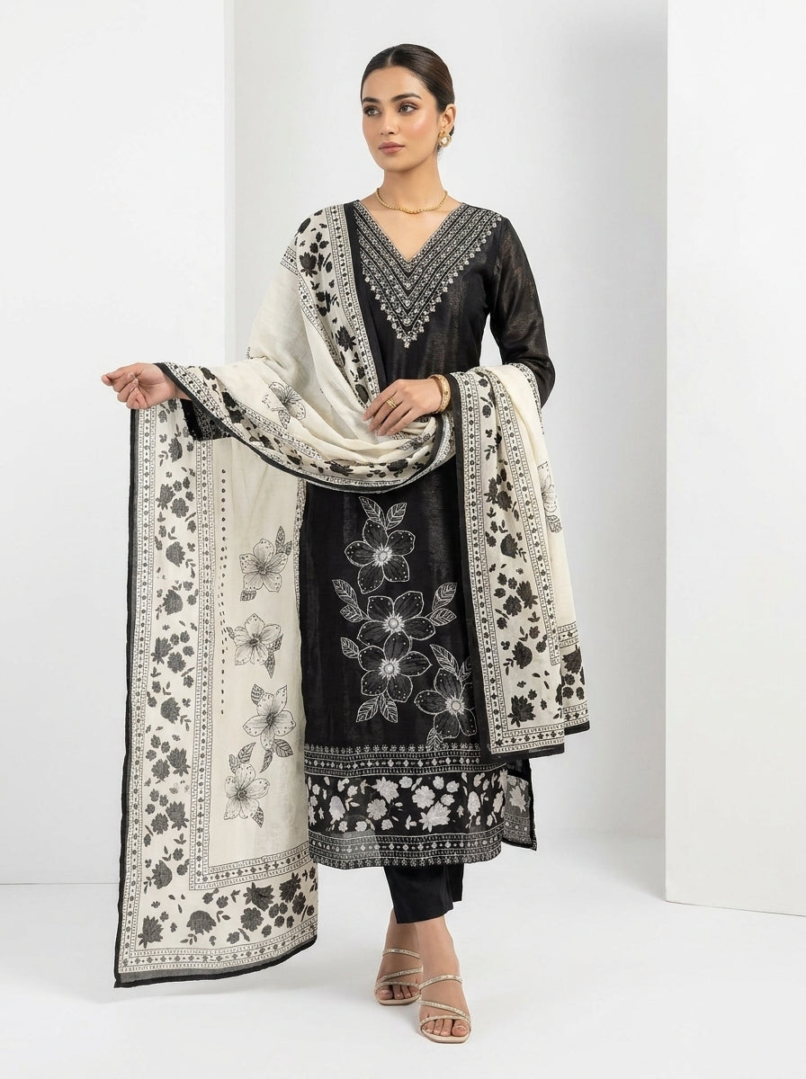 Black Block Shimmer Silk Kurti Set