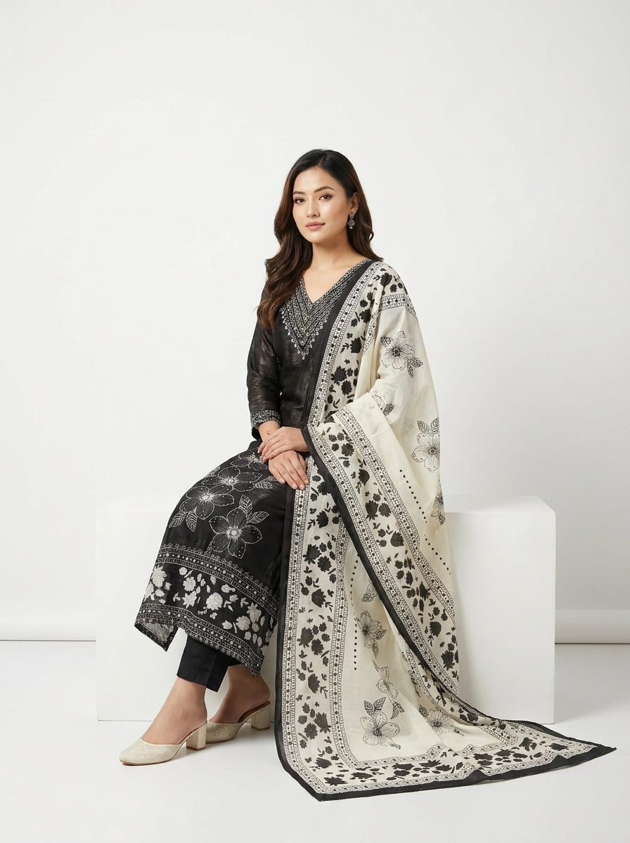 Black Block Shimmer Silk Kurti Set