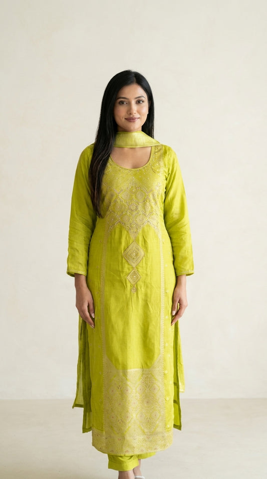 Lime Green Zari Dola Silk Kurti Set