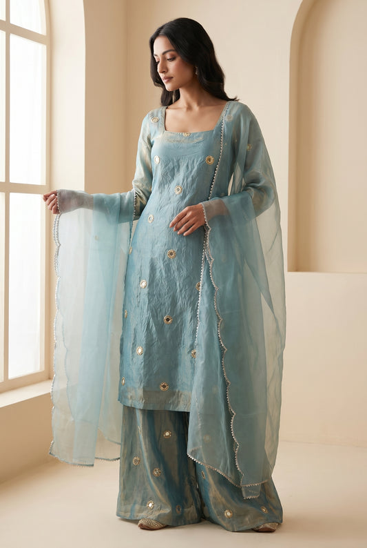 Sky Blue Organza Palazzo Suit Set with Gota Embroidery