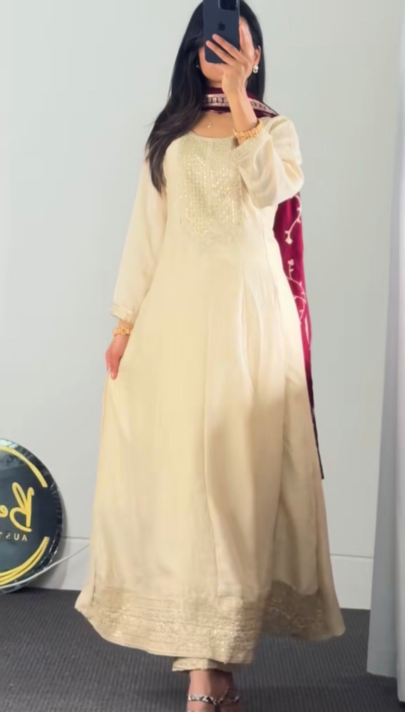 Off white Anarkali set with Maroon Dupatta