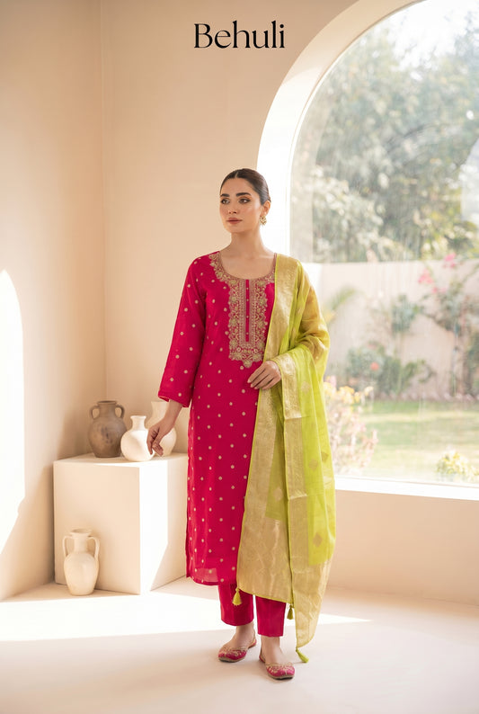 Fuchsia Pink & Lime Green Embroidered Kurti Set with Dupatta