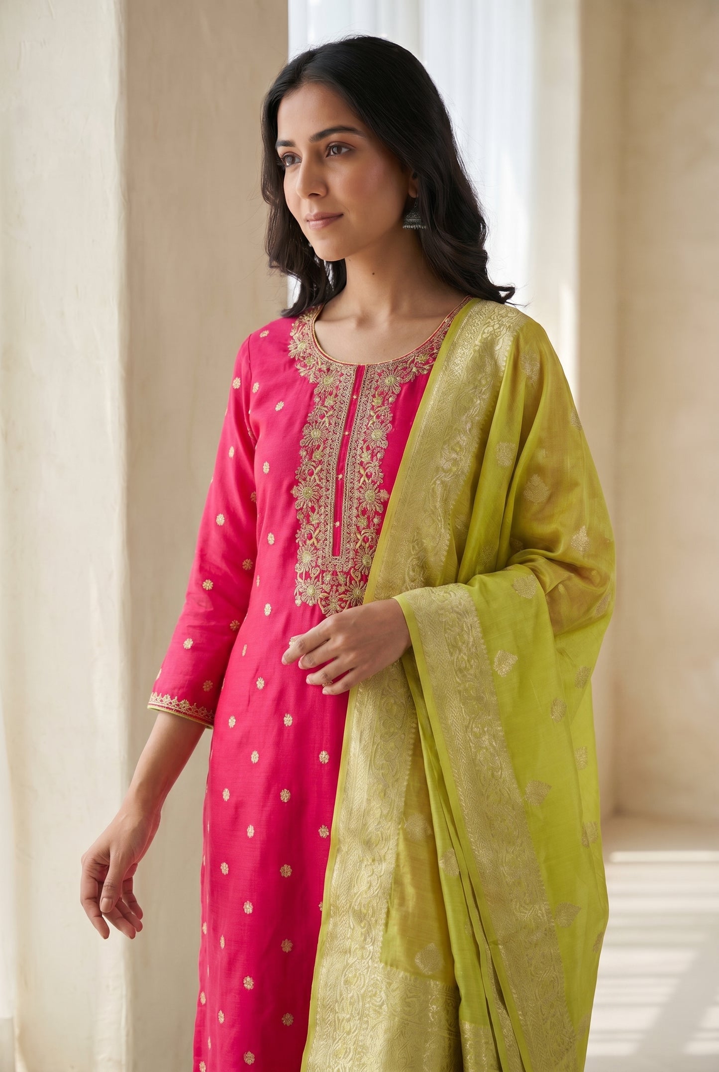 Fuchsia Pink & Lime Green Embroidered Kurti Set with Dupatta