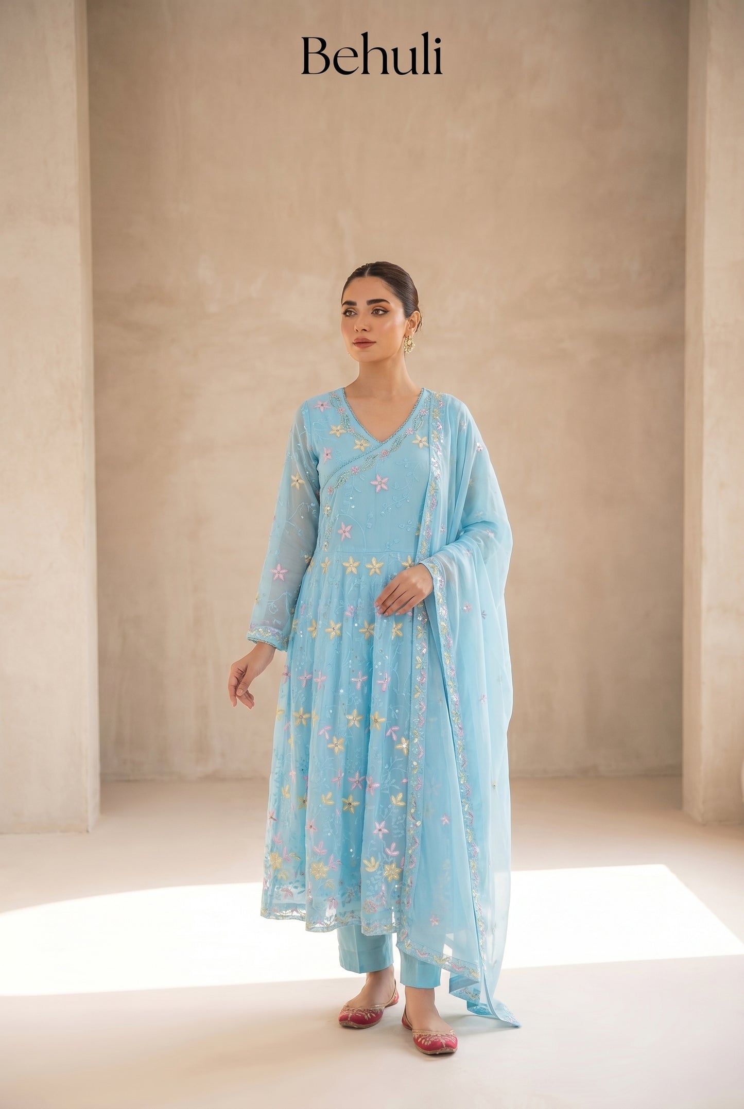 Sky Blue Floral Embroidered Anarkali Set with Dupatta