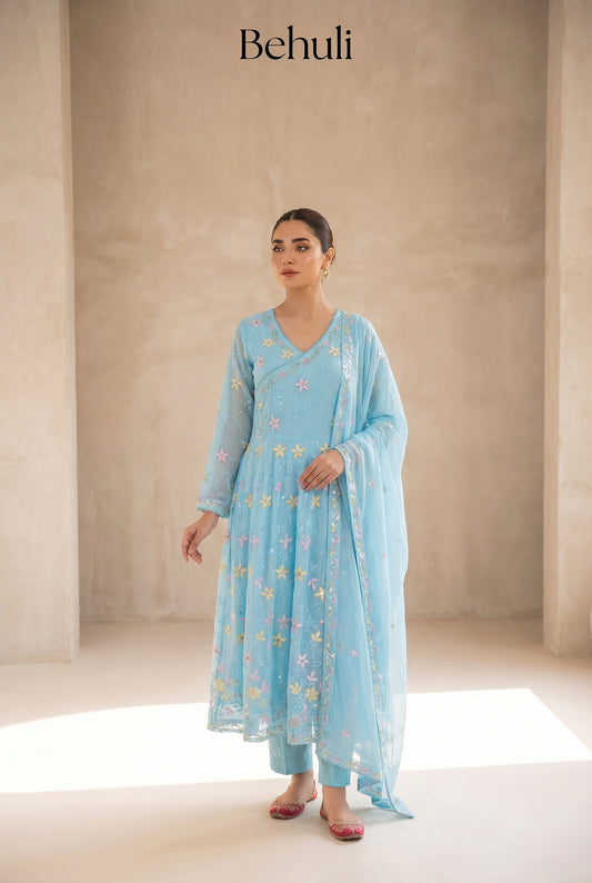 Sky Blue Floral Embroidered Anarkali Set with Dupatta