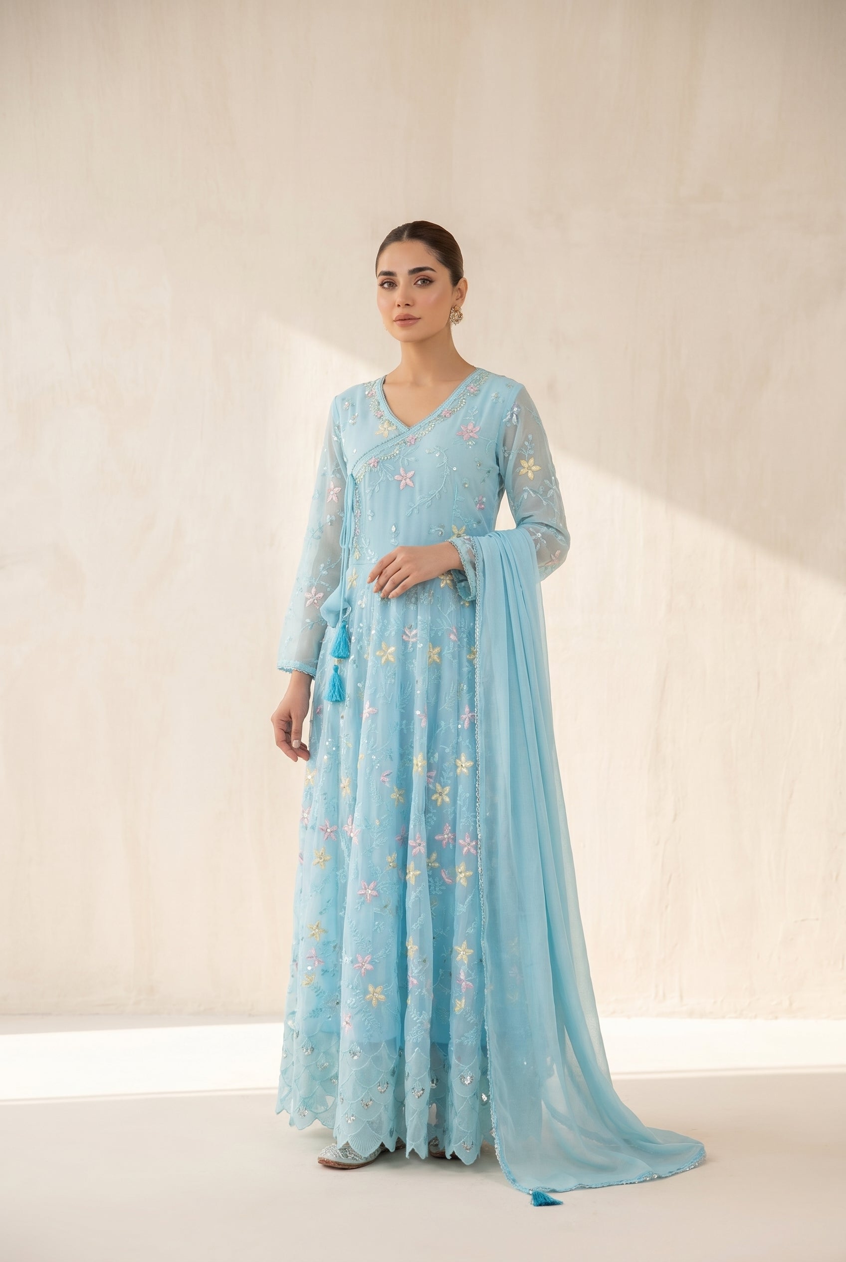 Sky Blue Floral Embroidered Anarkali Set with Dupatta