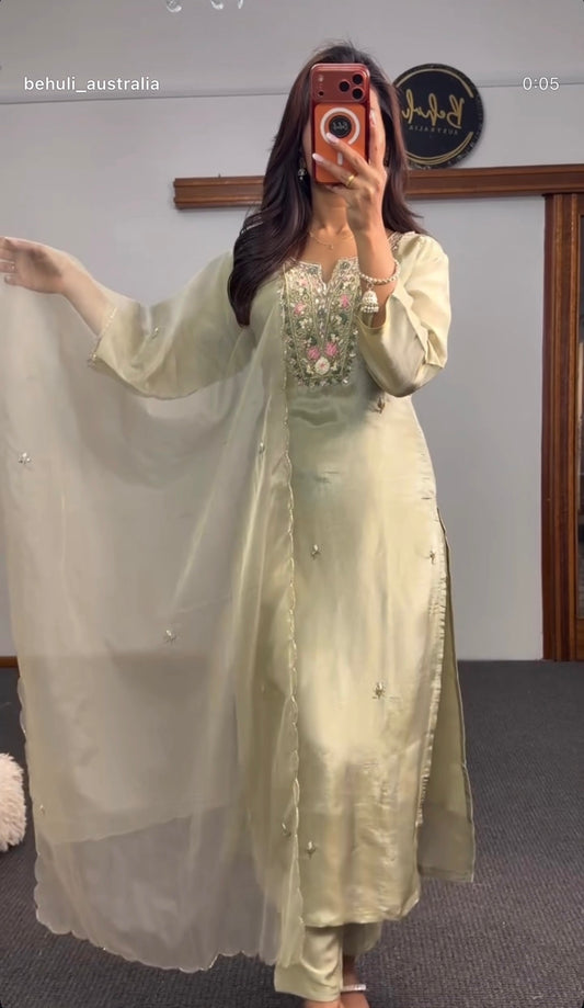 Soft Pistachio Shimmer Silk Kurti Set with Floral Embroidery