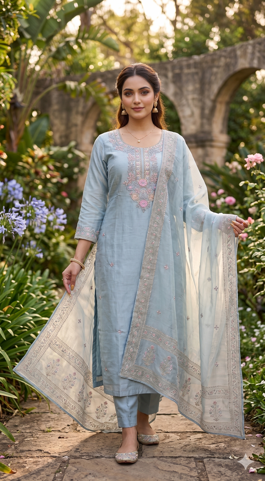 Icy Blue Shimmer Silk Kurta Set