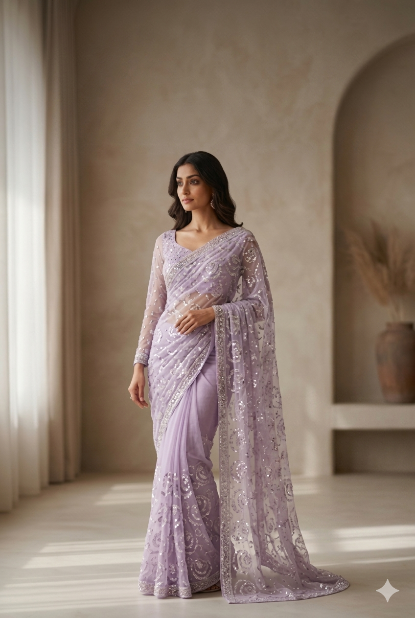Lavender Sequin Embellished Saree - Premium Georgette