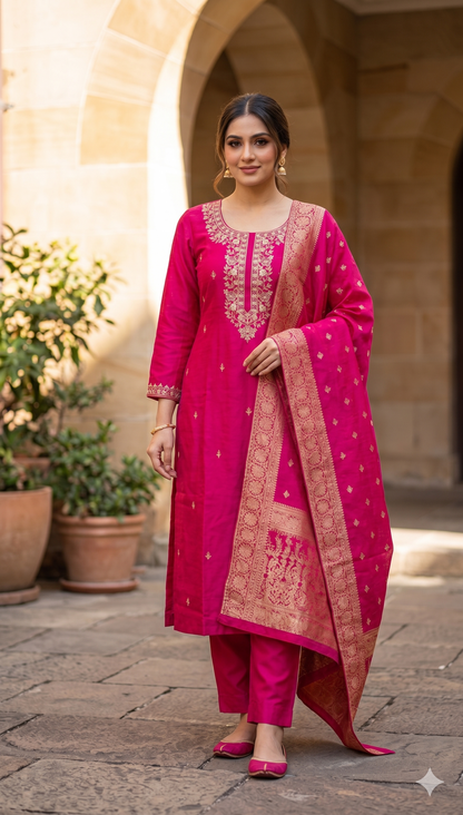 Handcrafted Crimson Dola Silk Kurta Set