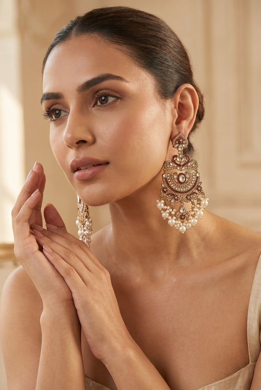 Gold Kundan Chandbali Earrings with Ruby & Pearl Drops