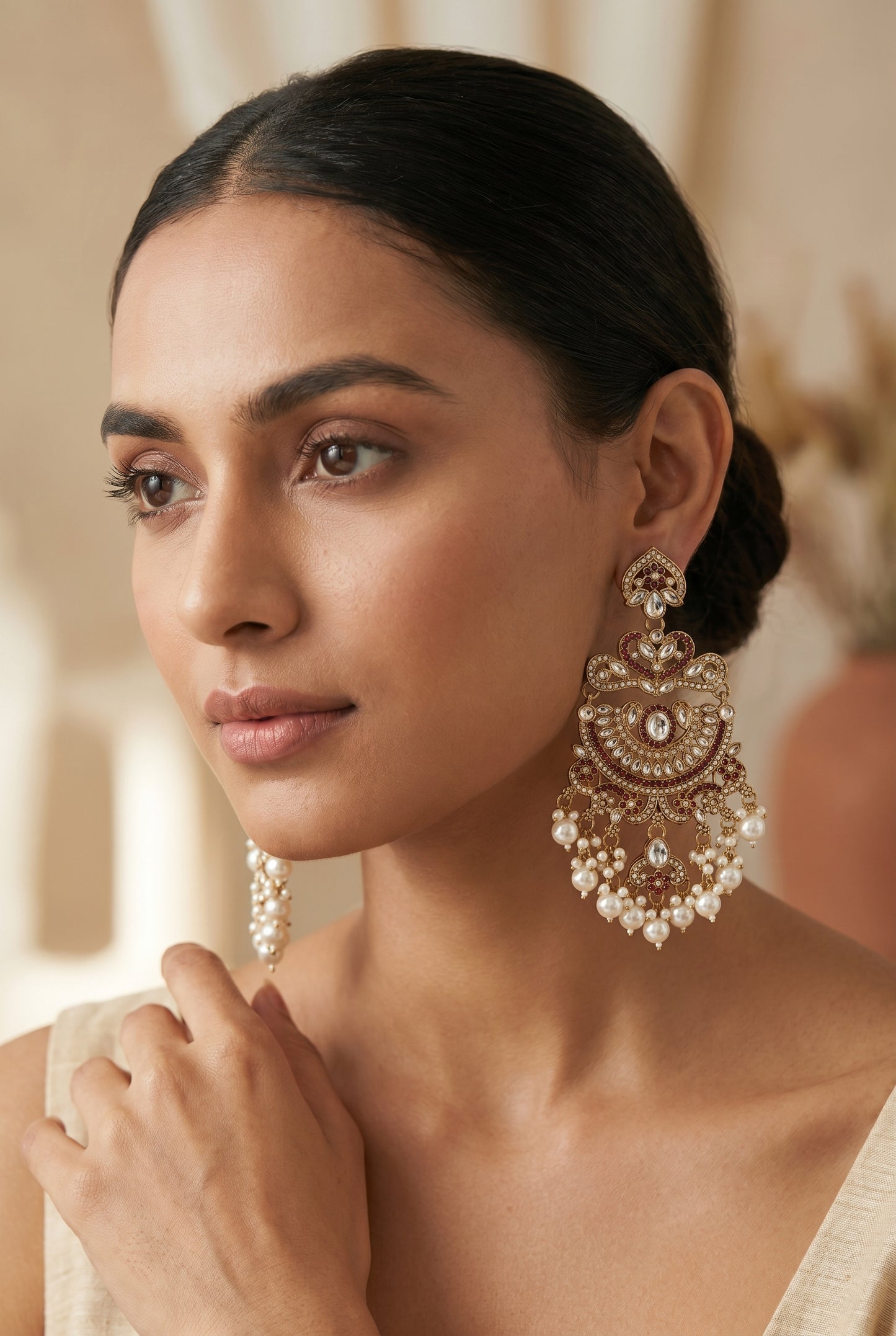 Gold Kundan Chandbali Earrings with Ruby & Pearl Drops