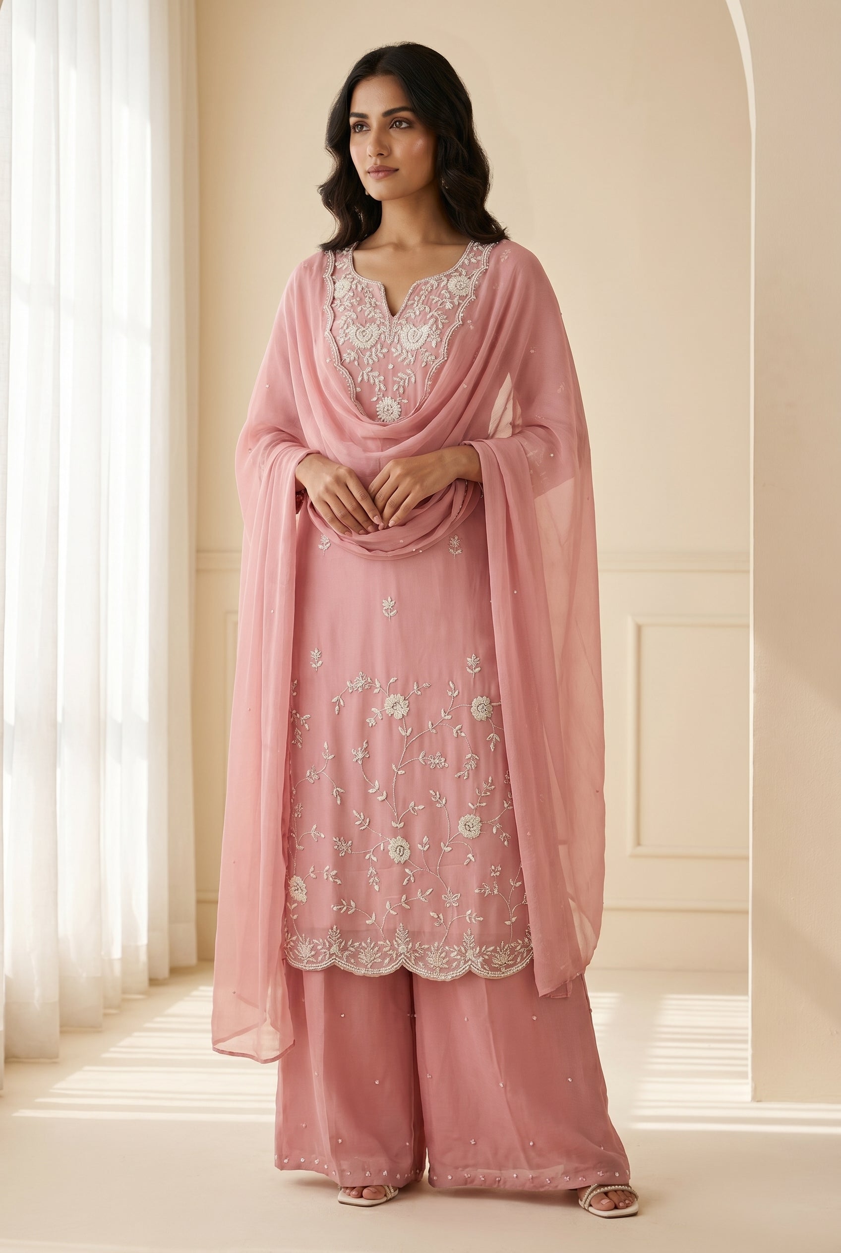 Rose Pink Organza Palazzo Suit with Floral Embroidery