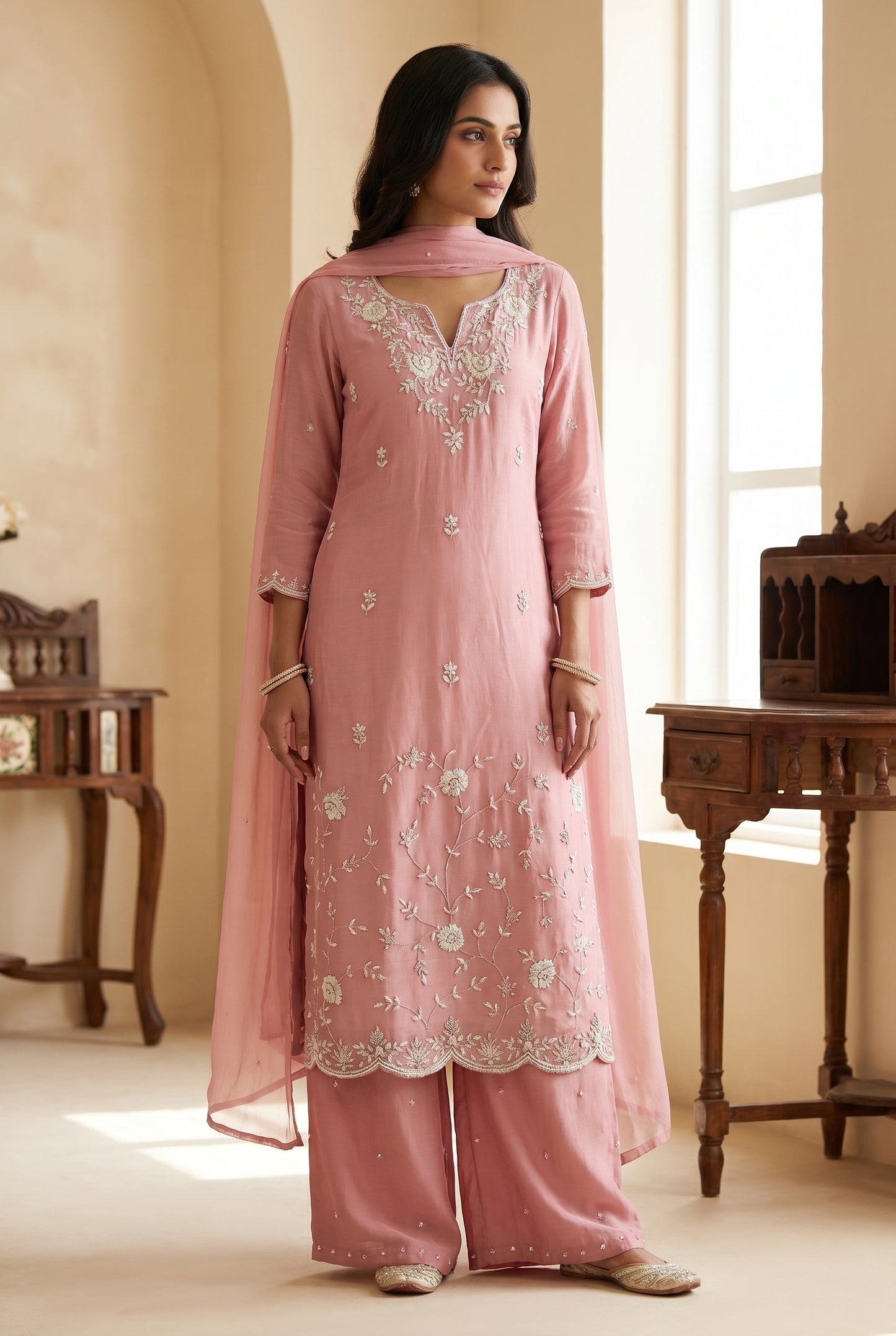 Rose Pink Organza Palazzo Suit with Floral Embroidery