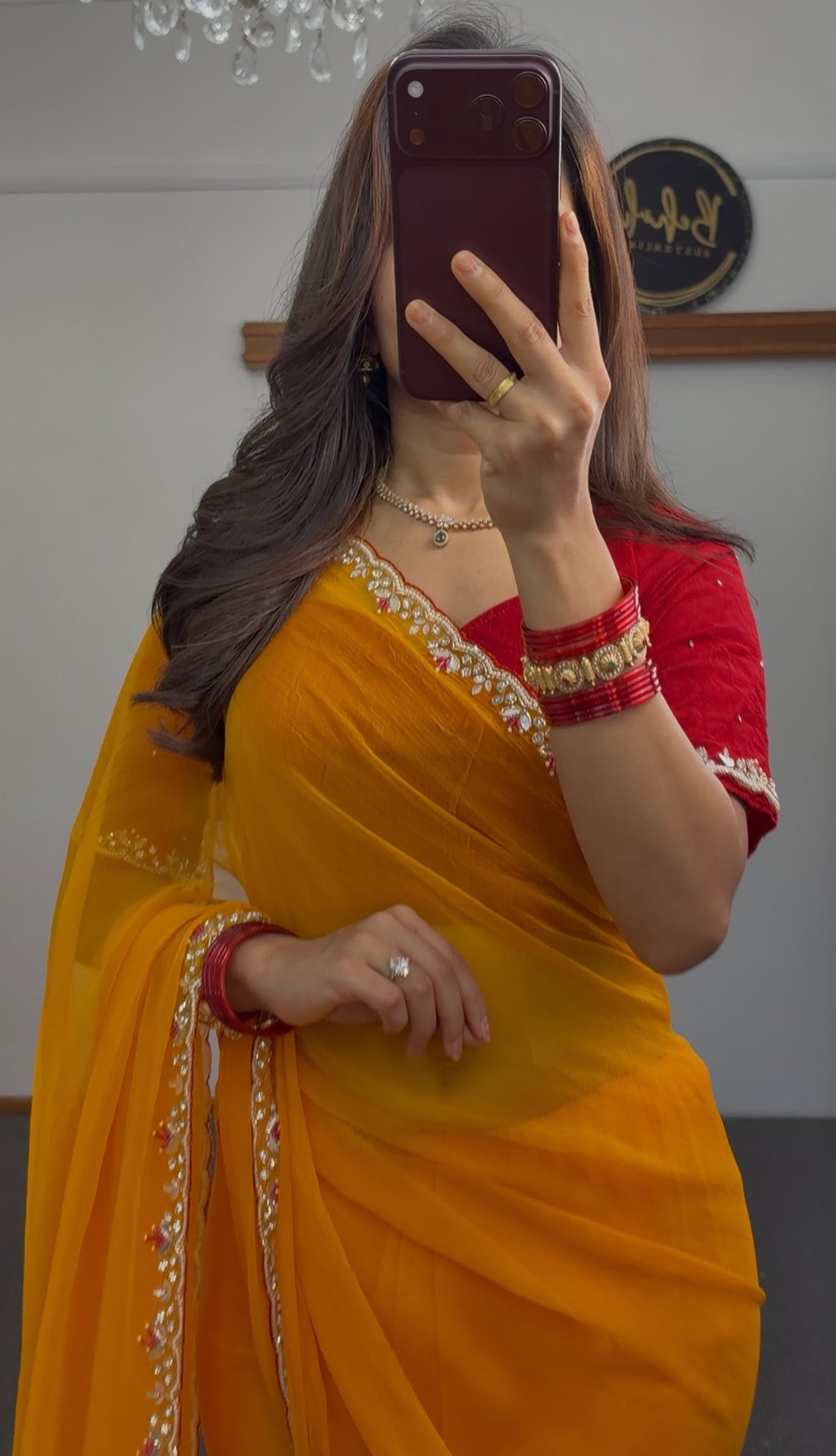 Mustard Yellow Georgette Saree with Red Blouse & Pearl Border