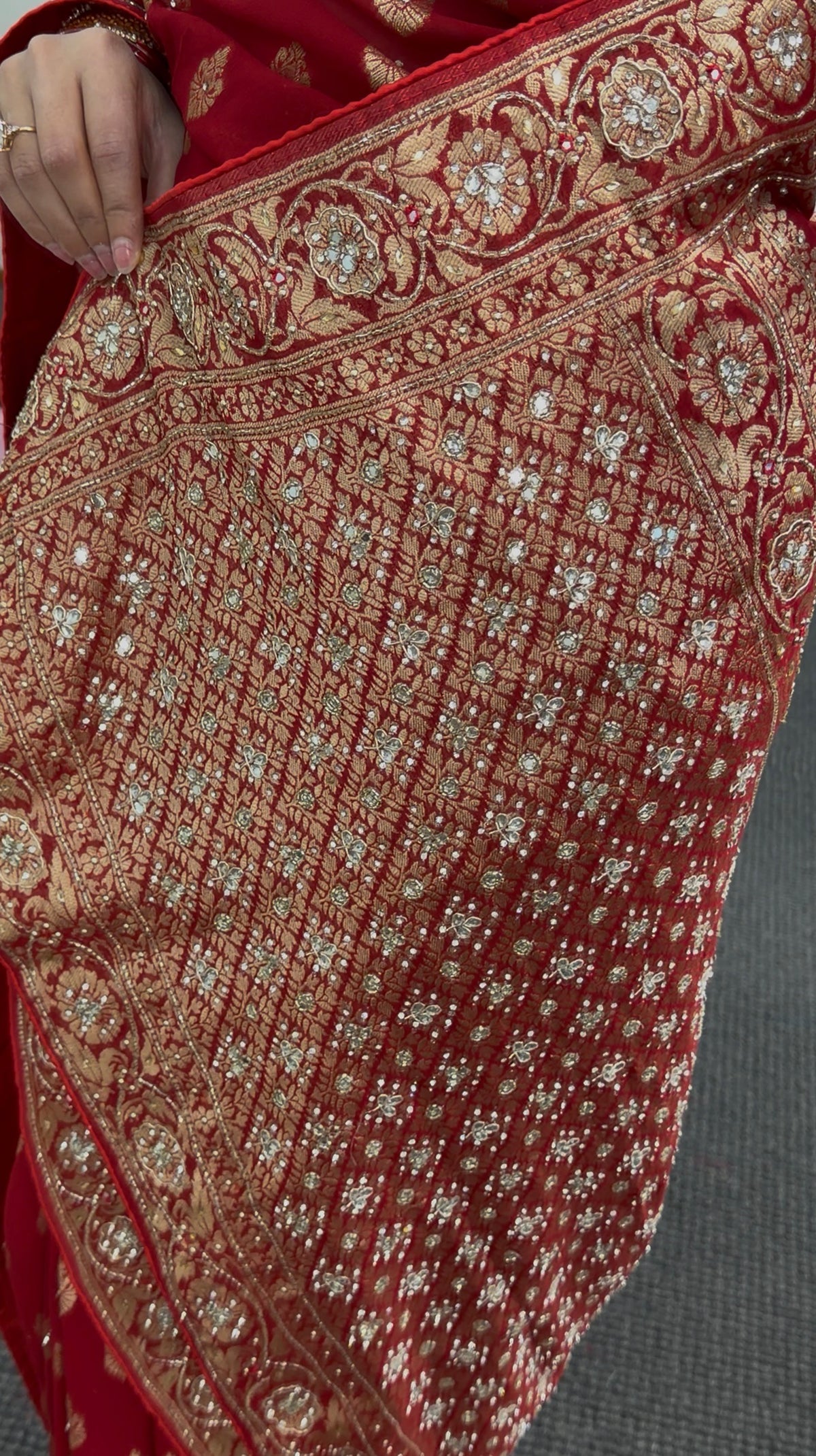 Red Khaddi Georgette Saree with Gold Zari Embroidery