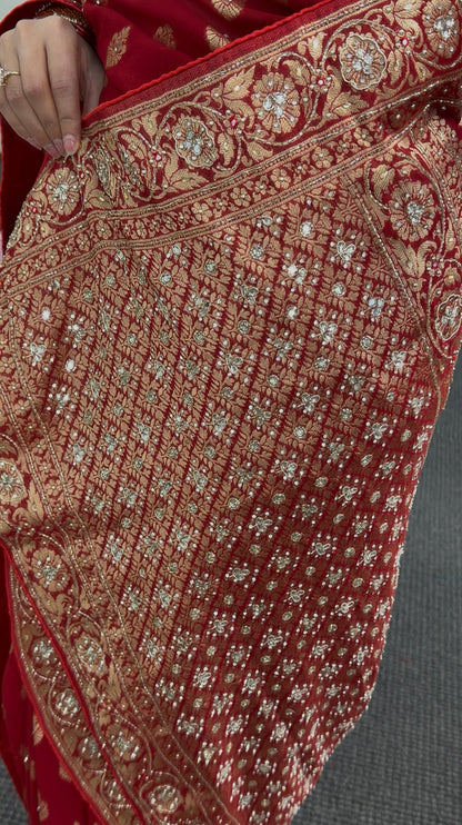 Red Khaddi Georgette Saree with Gold Zari Embroidery