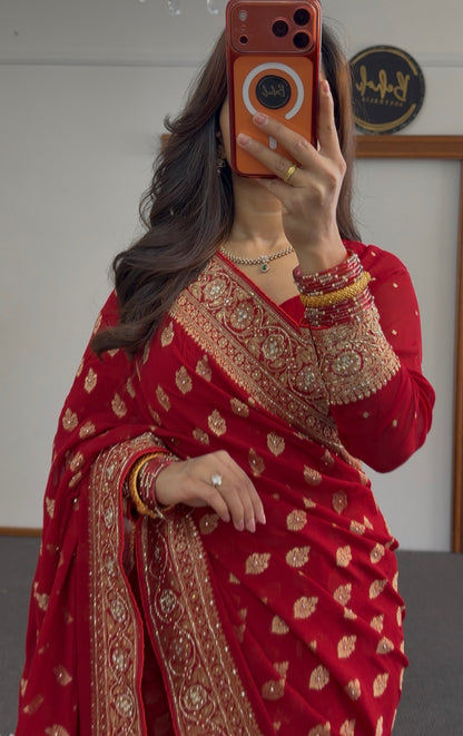 Red Khaddi Georgette Saree with Gold Zari Embroidery