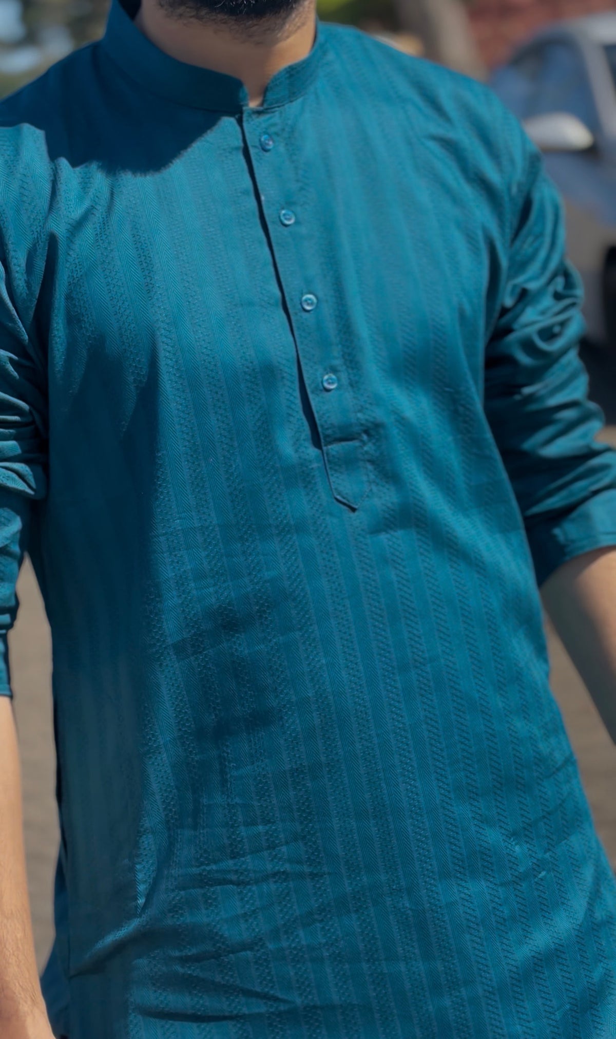 Teal Self-striped Cotton Men's Kurti