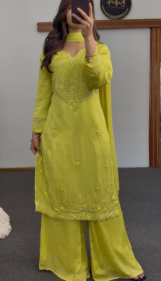 Lime Yellow Sequin Chinon Palazzo Suit Set