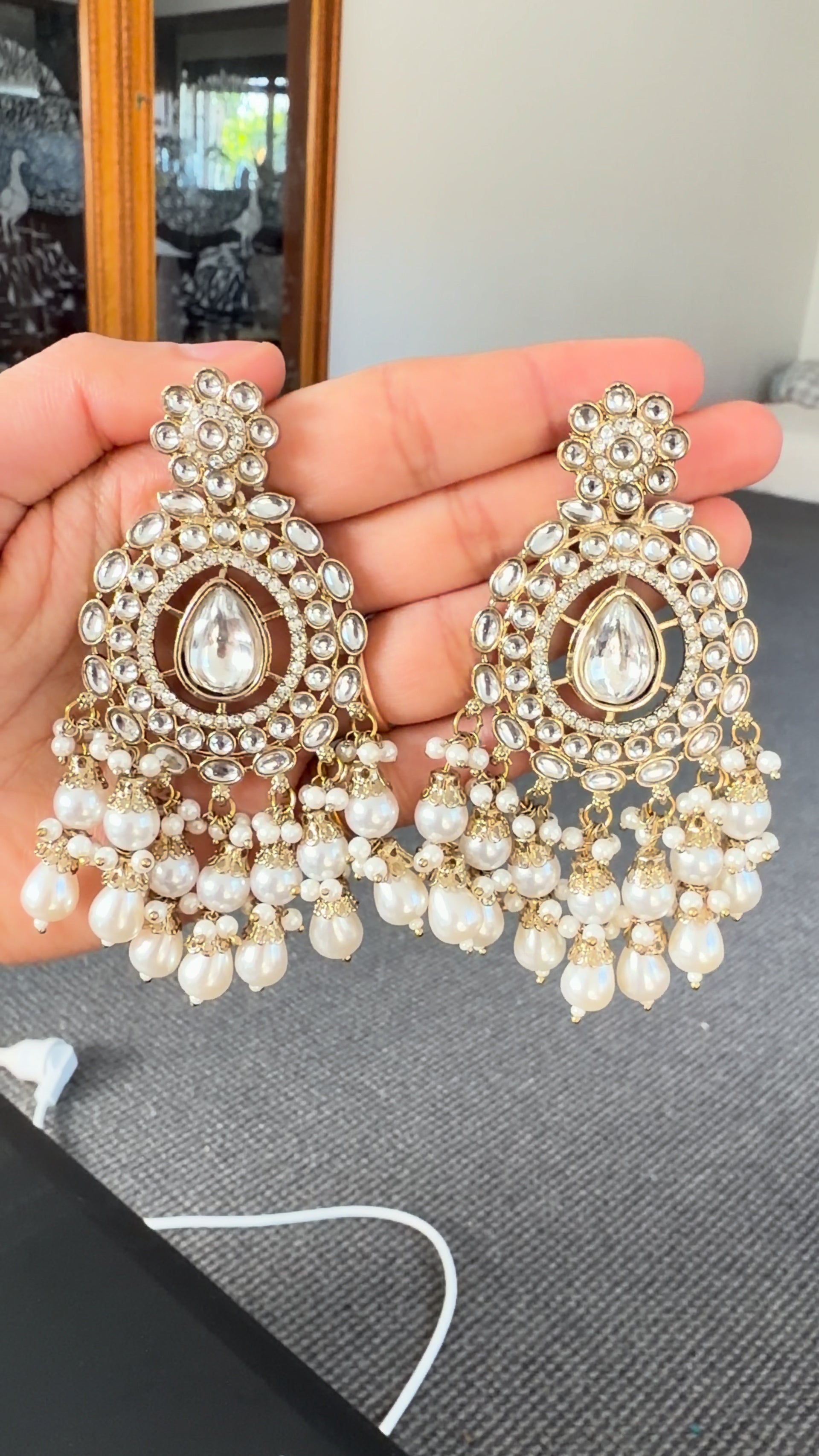 Gold Kundan Pearl Chandbali Earrings with Crystal Drop
