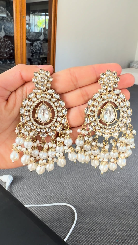 Gold Kundan Pearl Chandbali Earrings with Crystal Drop