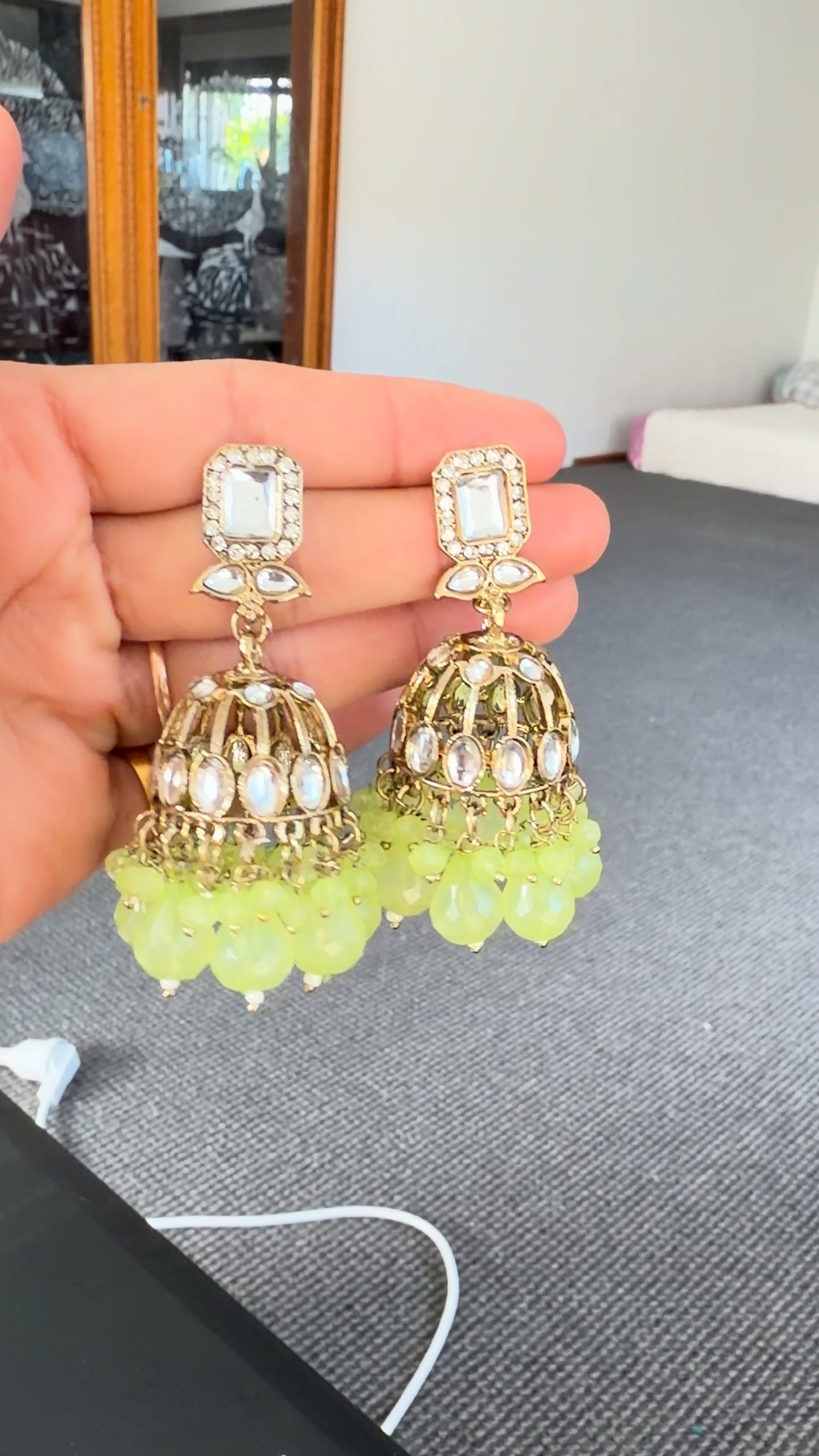 Lime Green Kundan Jhumka Earrings with Bead Drops