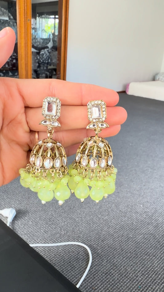 Lime Green Kundan Jhumka Earrings with Bead Drops