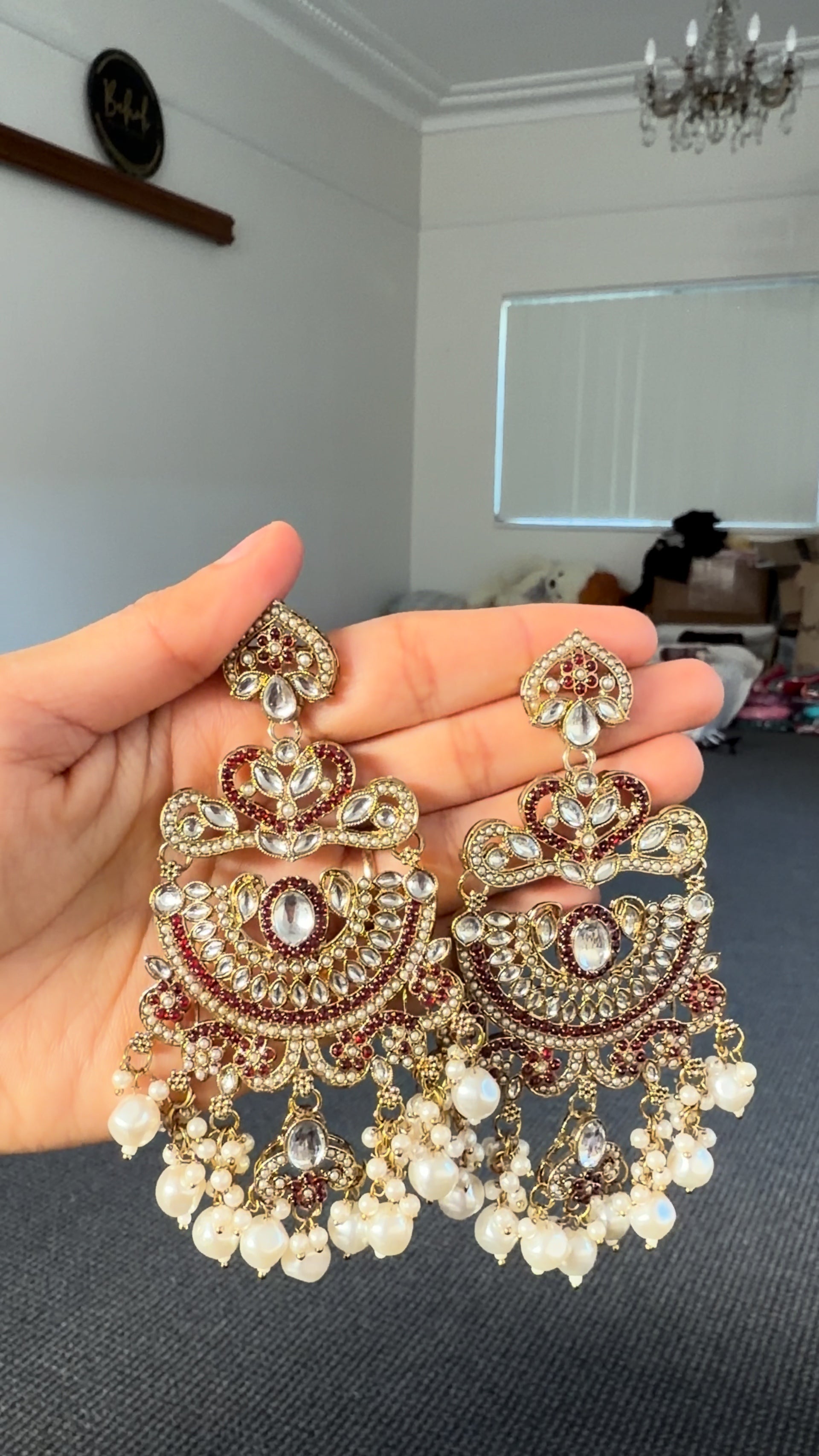 Gold Kundan Chandbali Earrings with Ruby & Pearl Drops