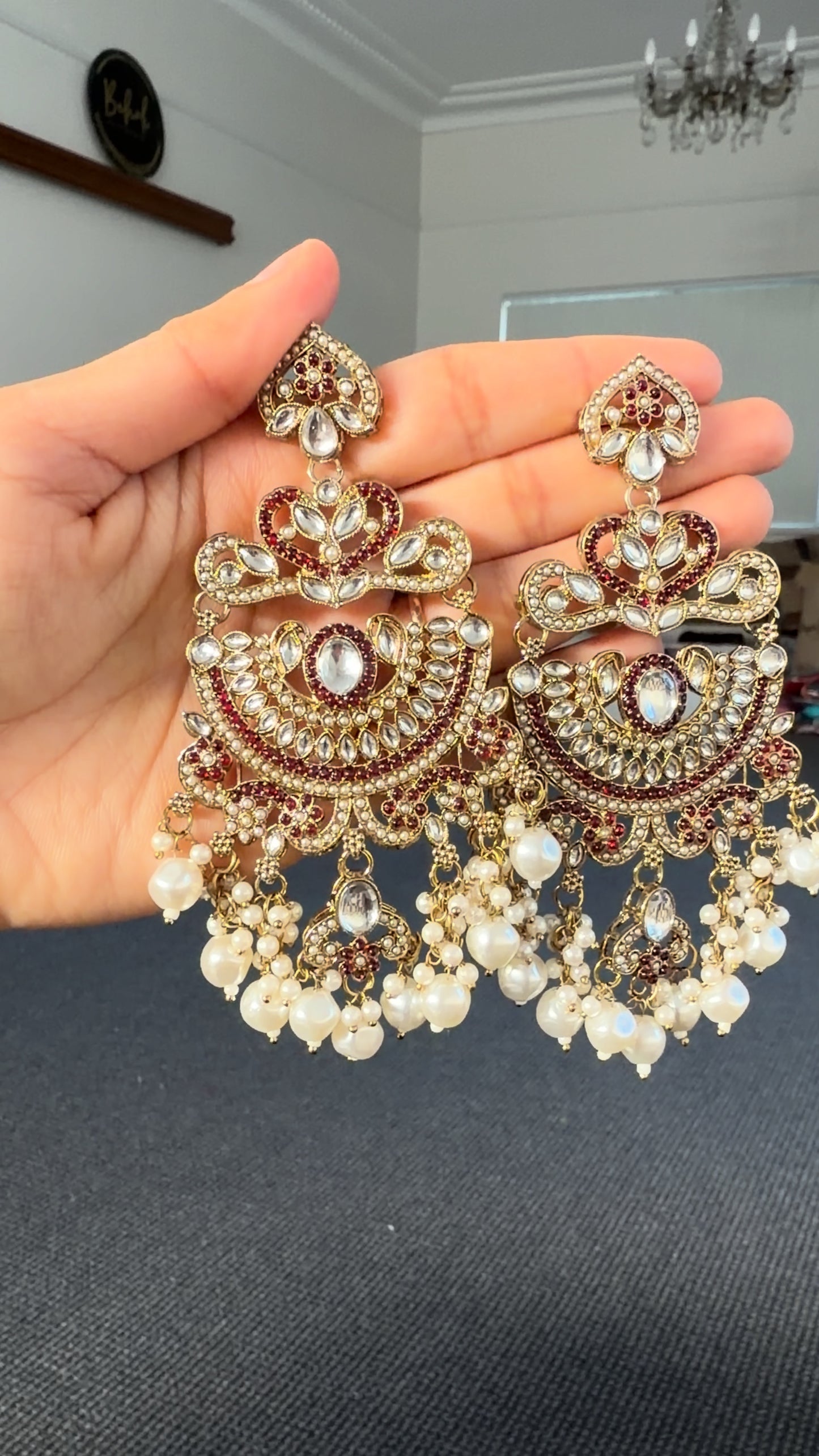 Gold Kundan Chandbali Earrings with Ruby & Pearl Drops