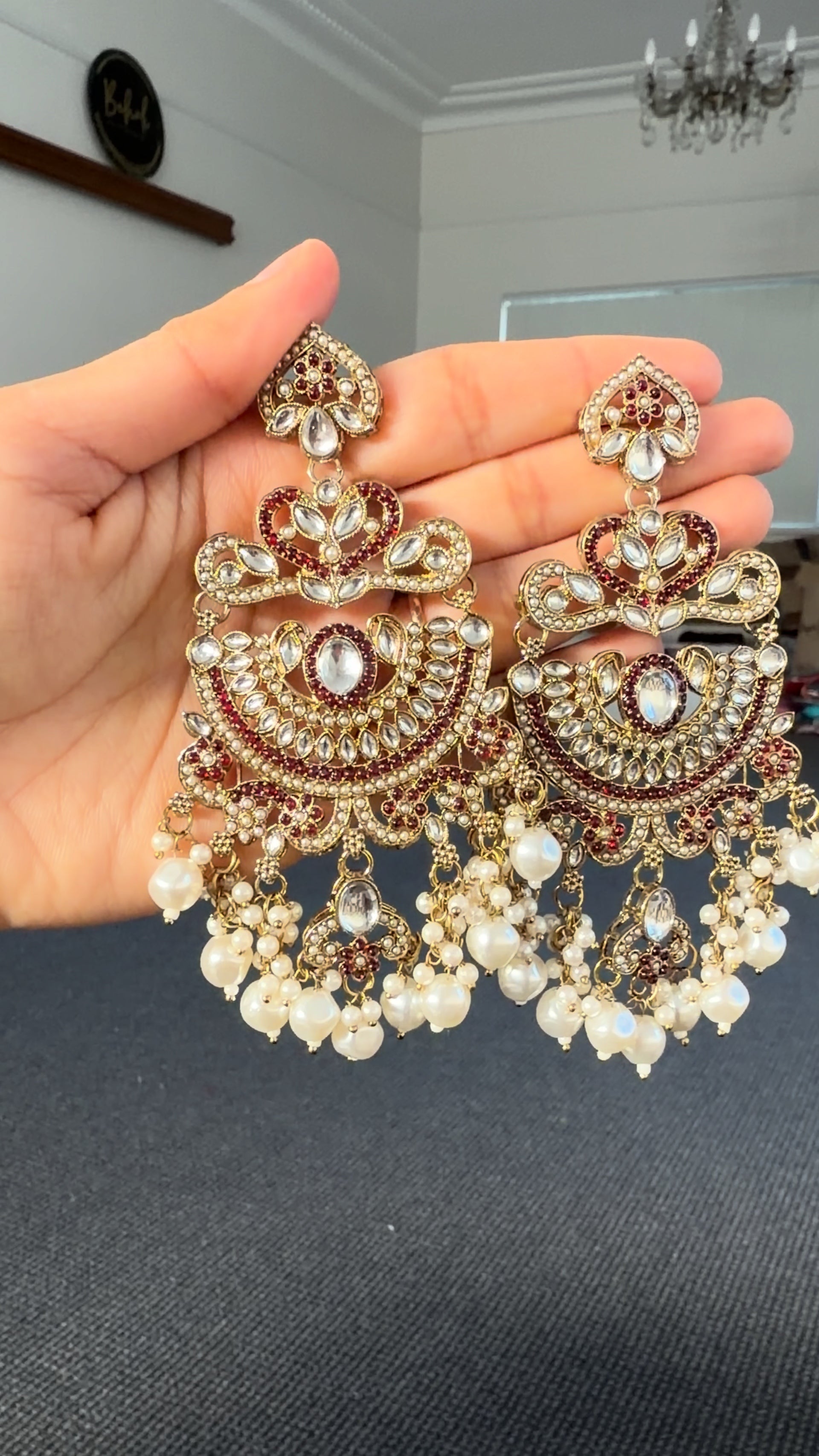Gold Kundan Chandbali Earrings with Ruby & Pearl Drops