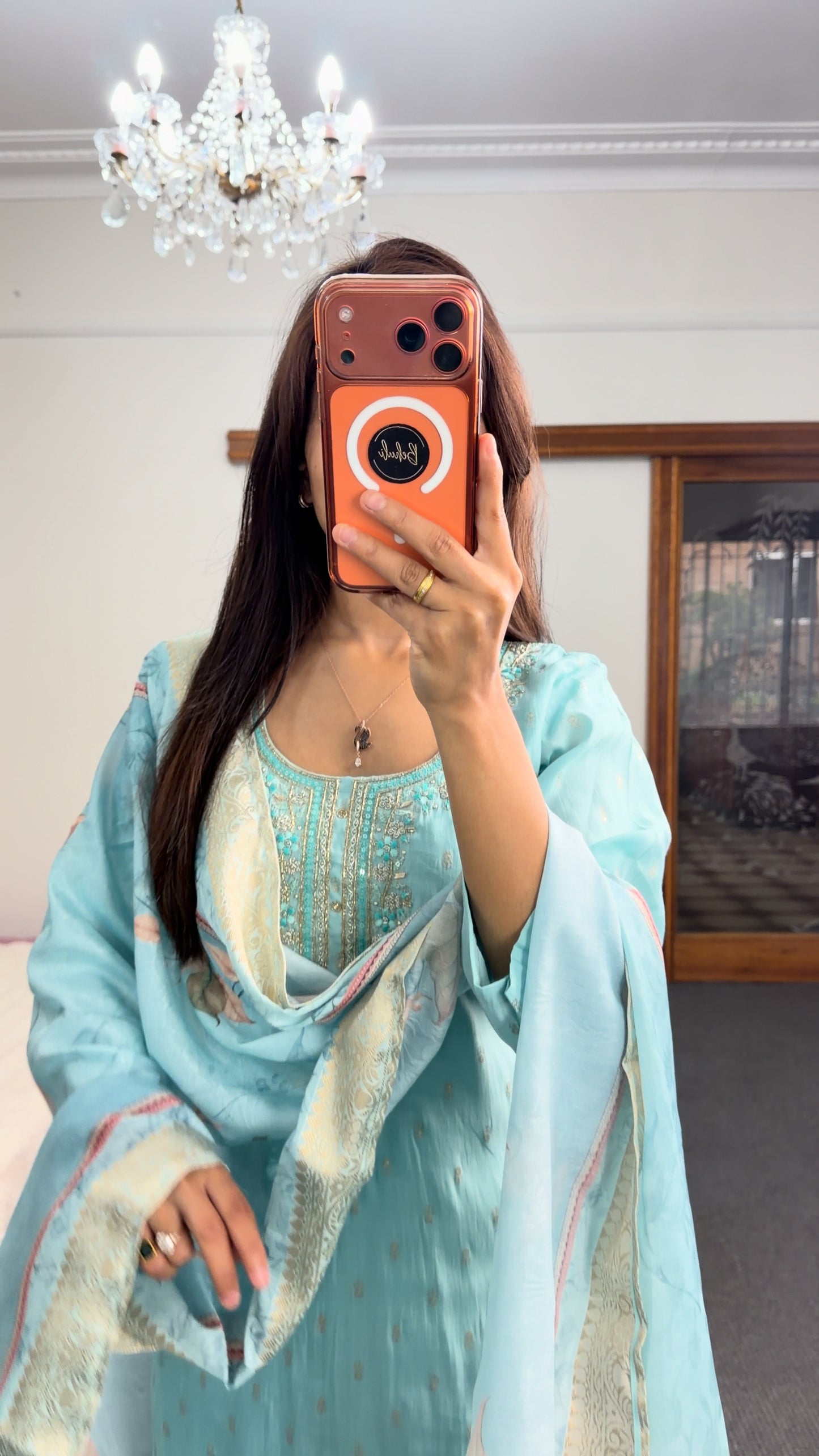 Aqua Floral Printed Palazzo Suit Set with Dupatta